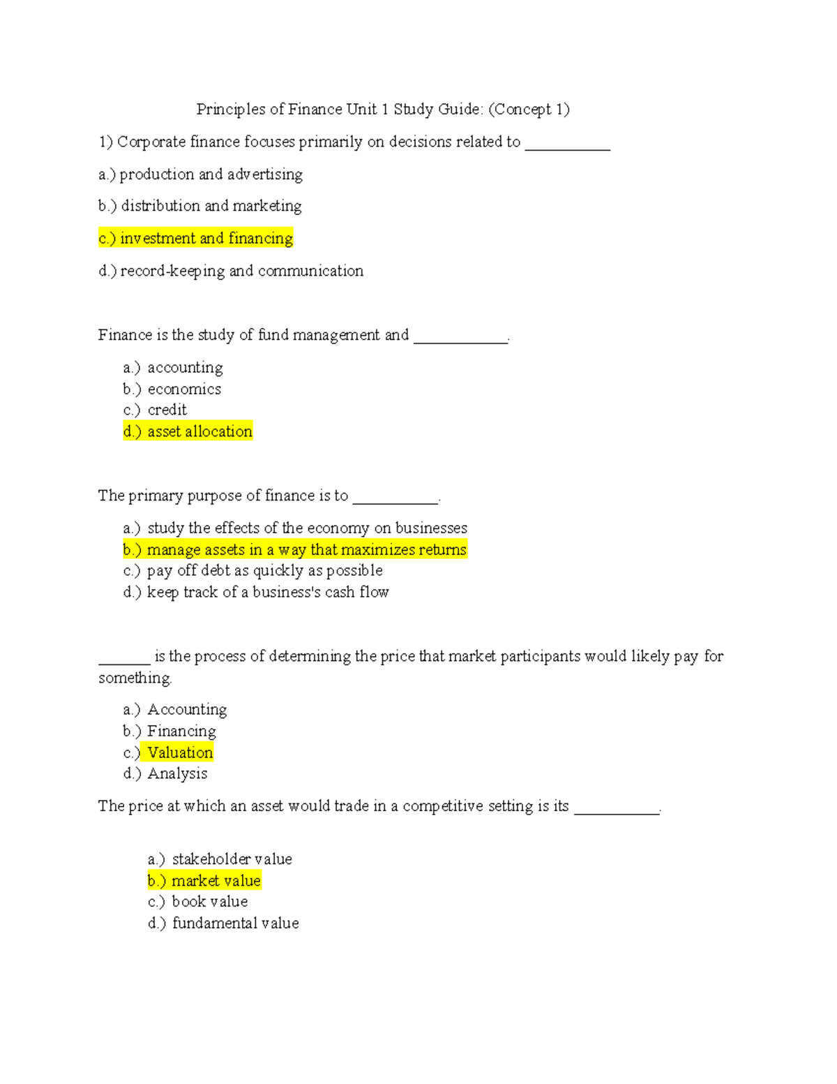 POF 101 Unit 1 Concept 1 Study Guide on Corporate Finance Principles ...