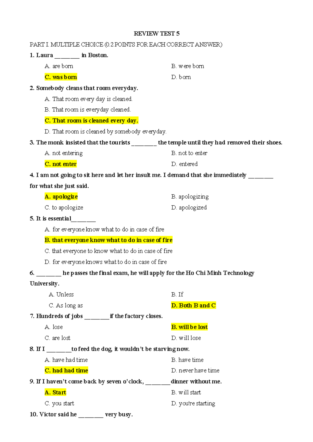 REVIEW TEST 5 PART I: MULTIPLE CHOICE ANSWERS - Studocu