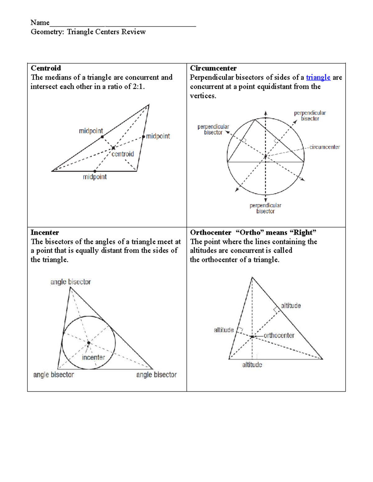 Triangle Centers Review Packet: Centroid, Circumcenter, Incenter ...