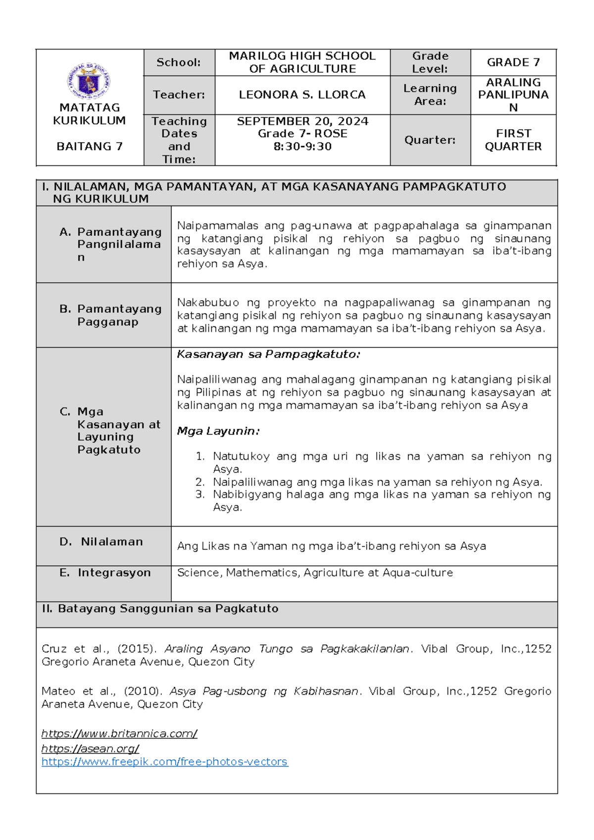 Matatag Lesson Plan for Grade 7: Araling Panlipunan - 1st Quarter - Studocu