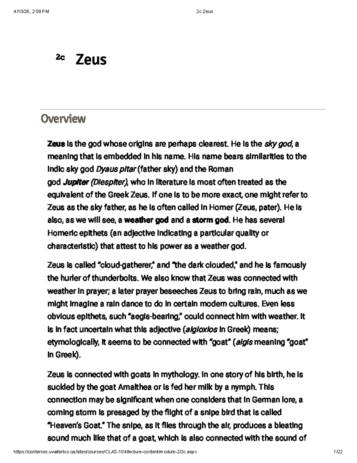 2c Zeus: Overview of the Sky God in Greek Mythology - Studocu