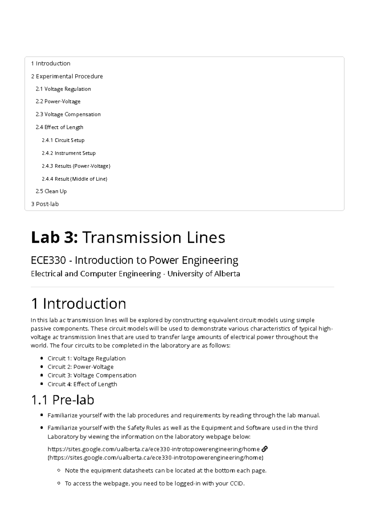 Lab 3: Transmission Lines - ECE330 Power Engineering Experimentation ...