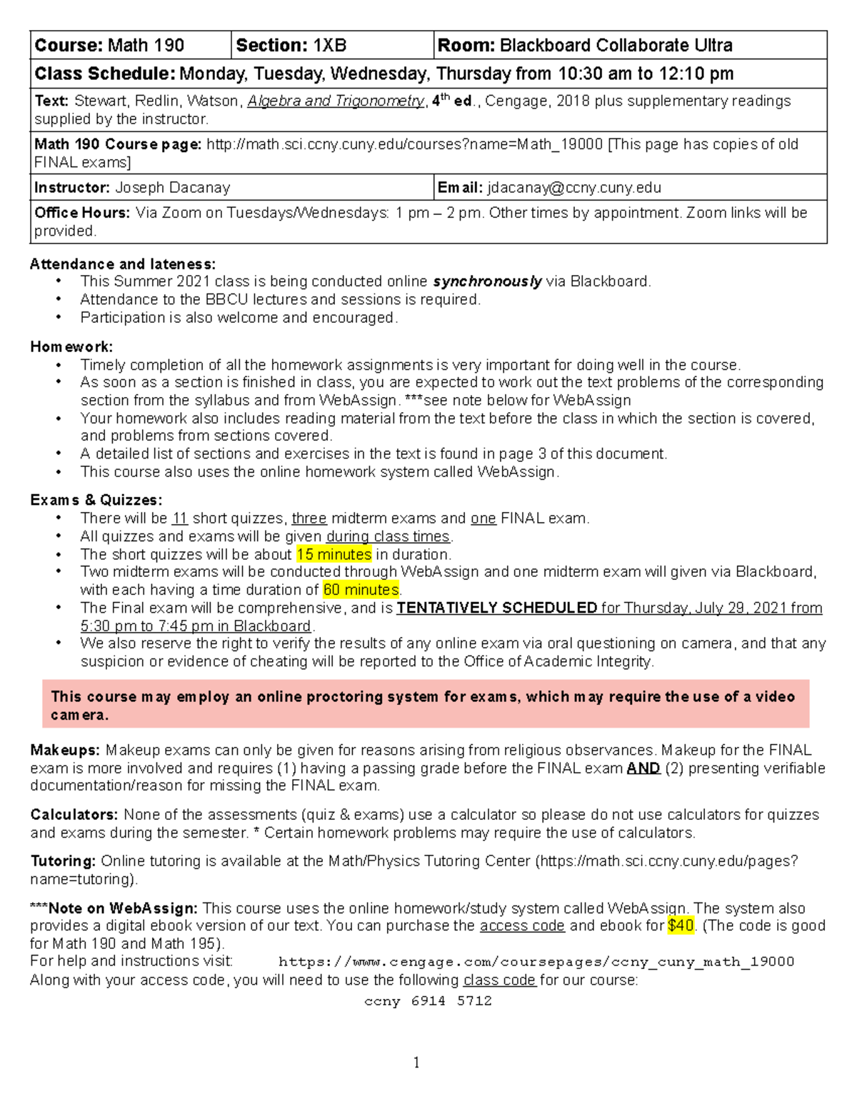 Math190 Su21 Syllabus revised - Course: Math 190 Section: 1XB Room ...