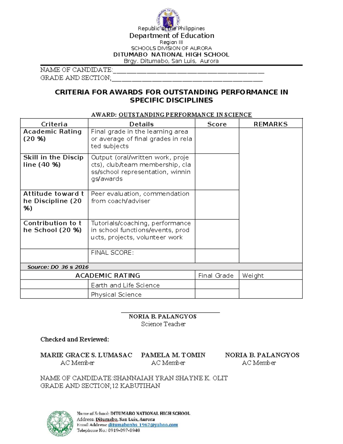 Criteria for Awards: Outstanding Performance in Various Disciplines ...