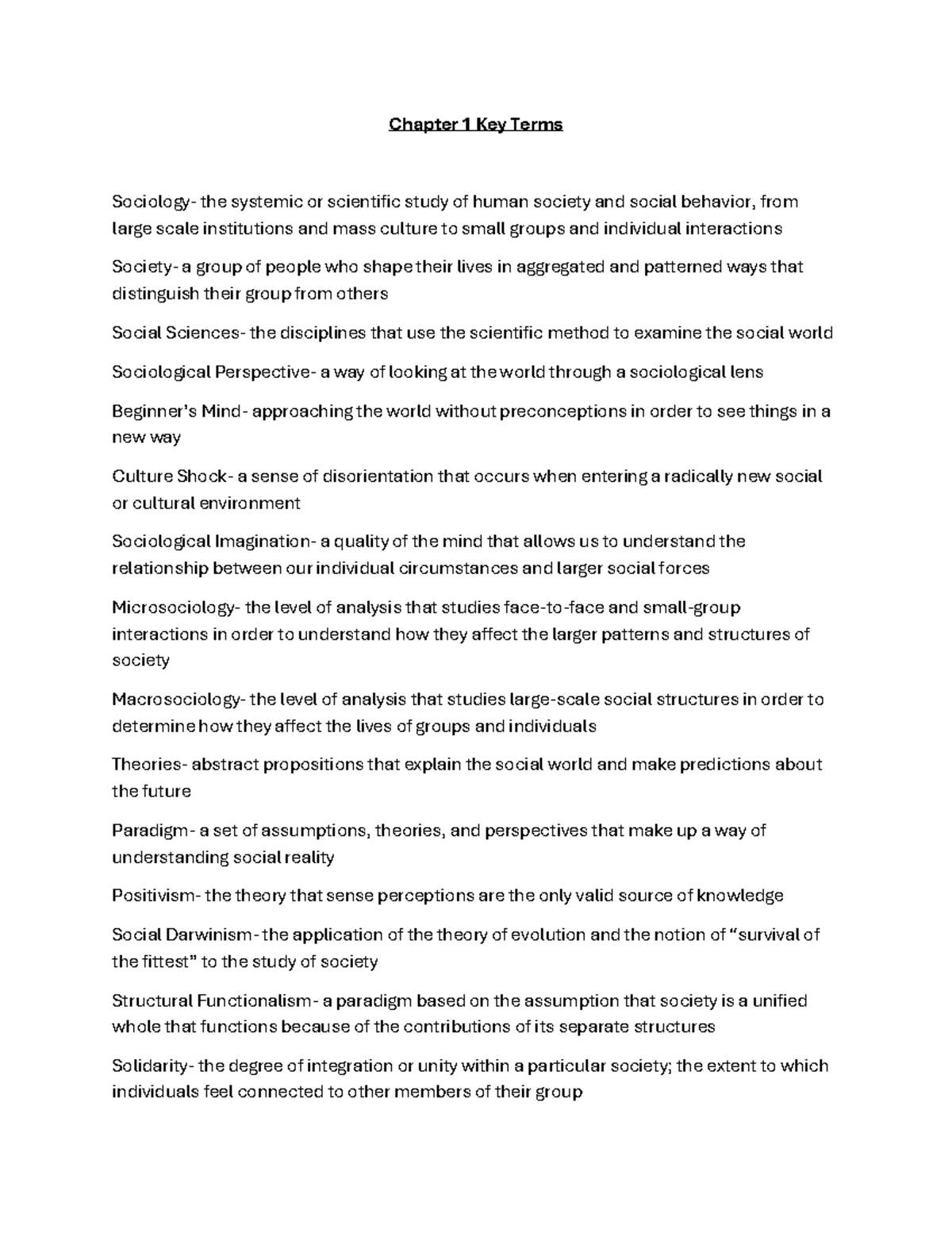 Chapter 1 Key Terms - Summary Intro Sociology (Principles) - Chapter 1 ...