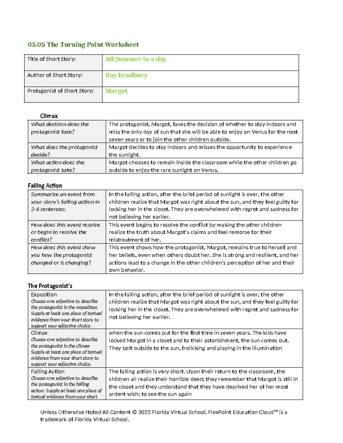 05.05 ELA Worksheet: Analysis of "All Summer in a Day" by Bradbury ...