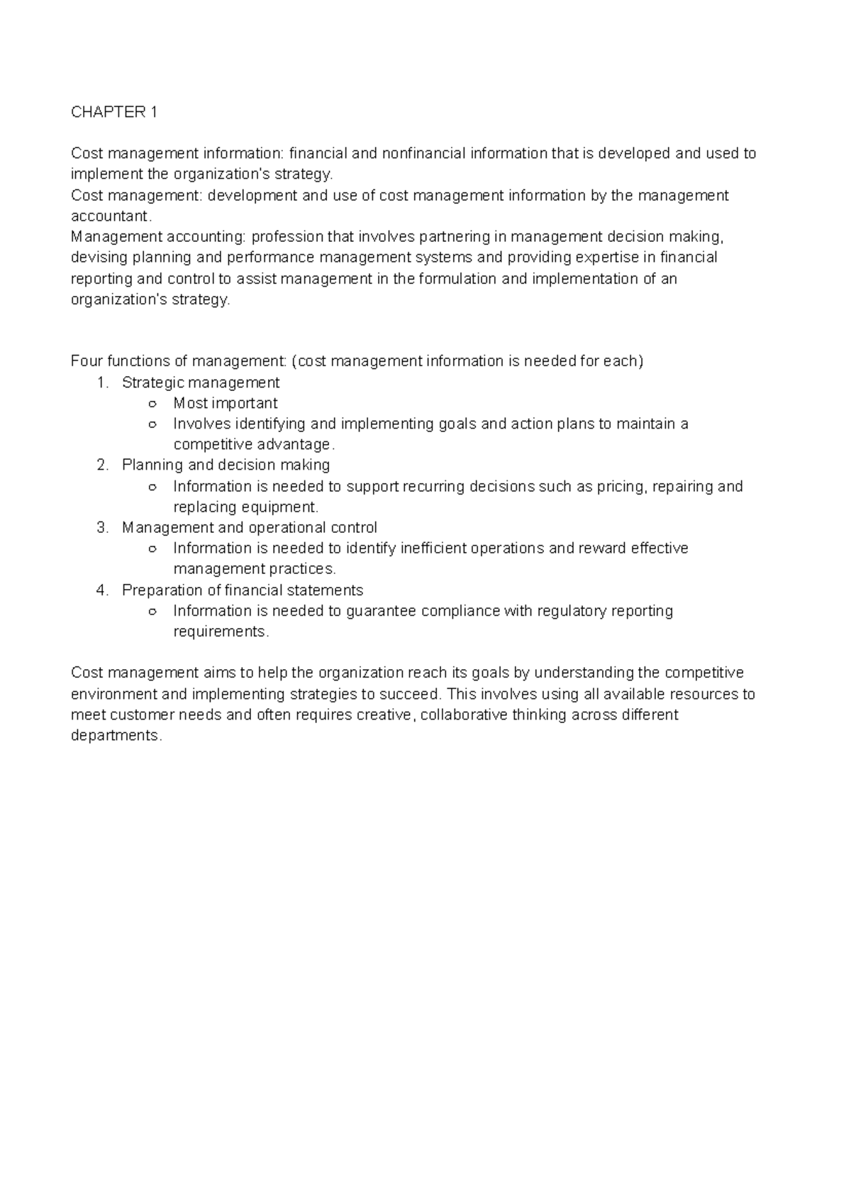 ADMS 2510 - midterm 1 review notes - CHAPTER 1 Cost management ...