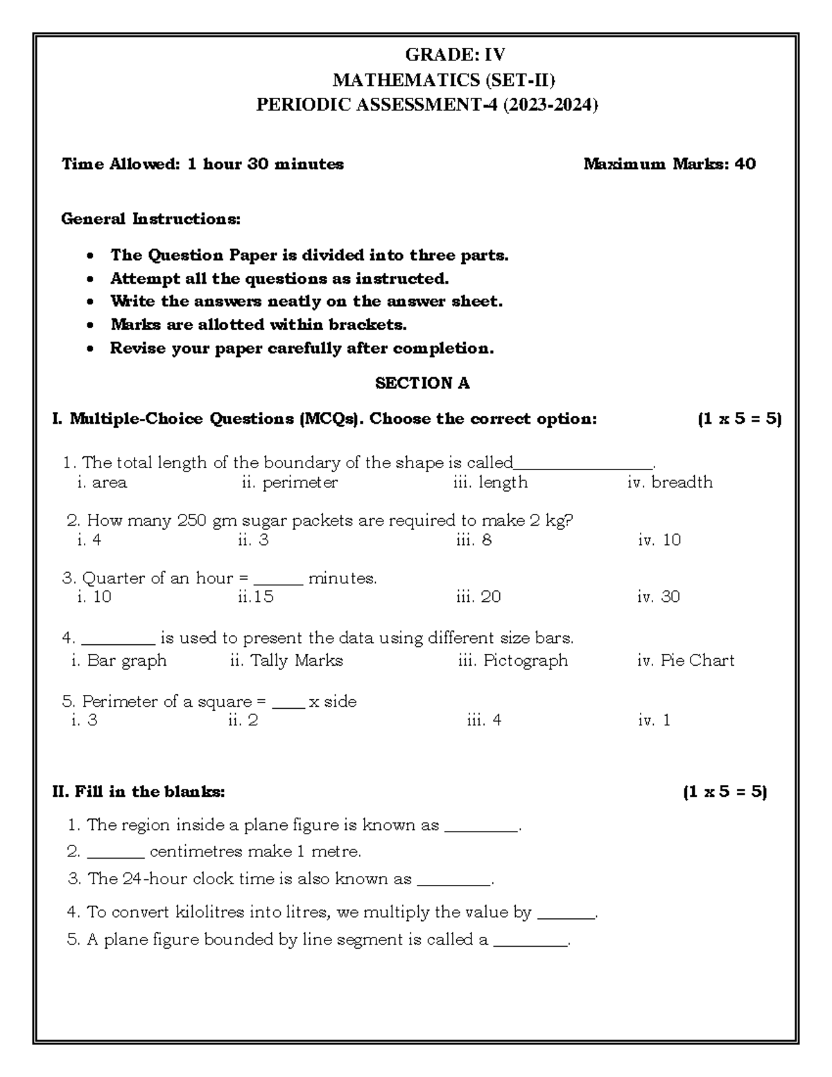 Class IV Mathematics PA-4 SET-II 2023-2024 - GRADE: IV MATHEMATICS (SET ...