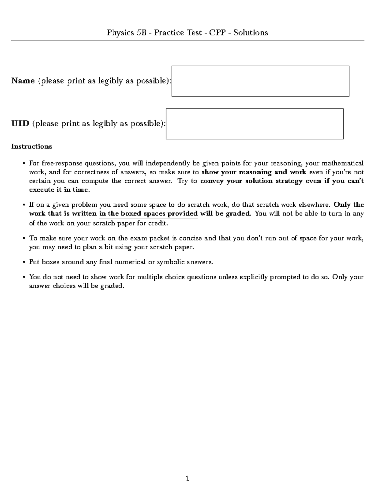 Physics 5B CPP Practice Test Solutions and Guidelines - Studocu