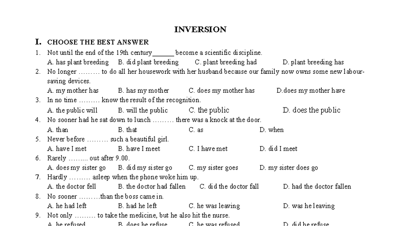 Midterm 1 Revision: Inversion Practice Questions - Studocu