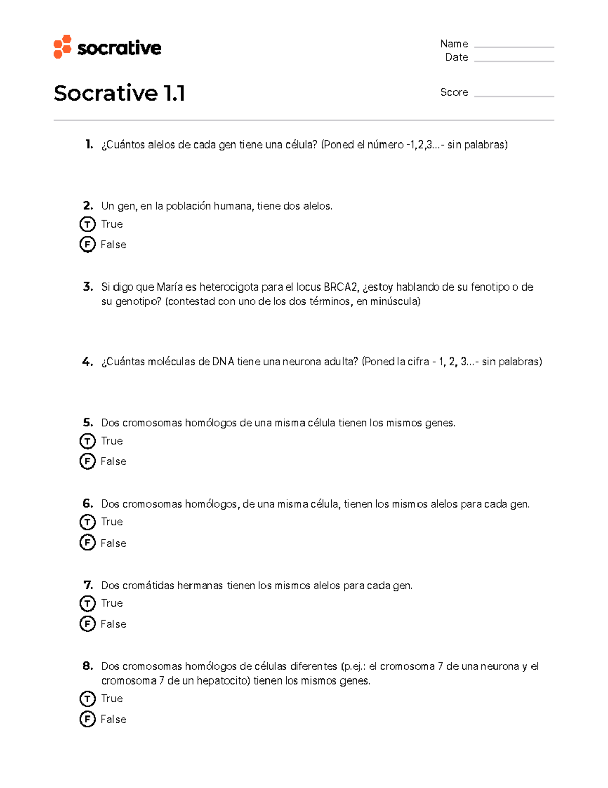 Quiz Socrative 1 - test d'examen - Name Date Socrative 1 Score 1 ...