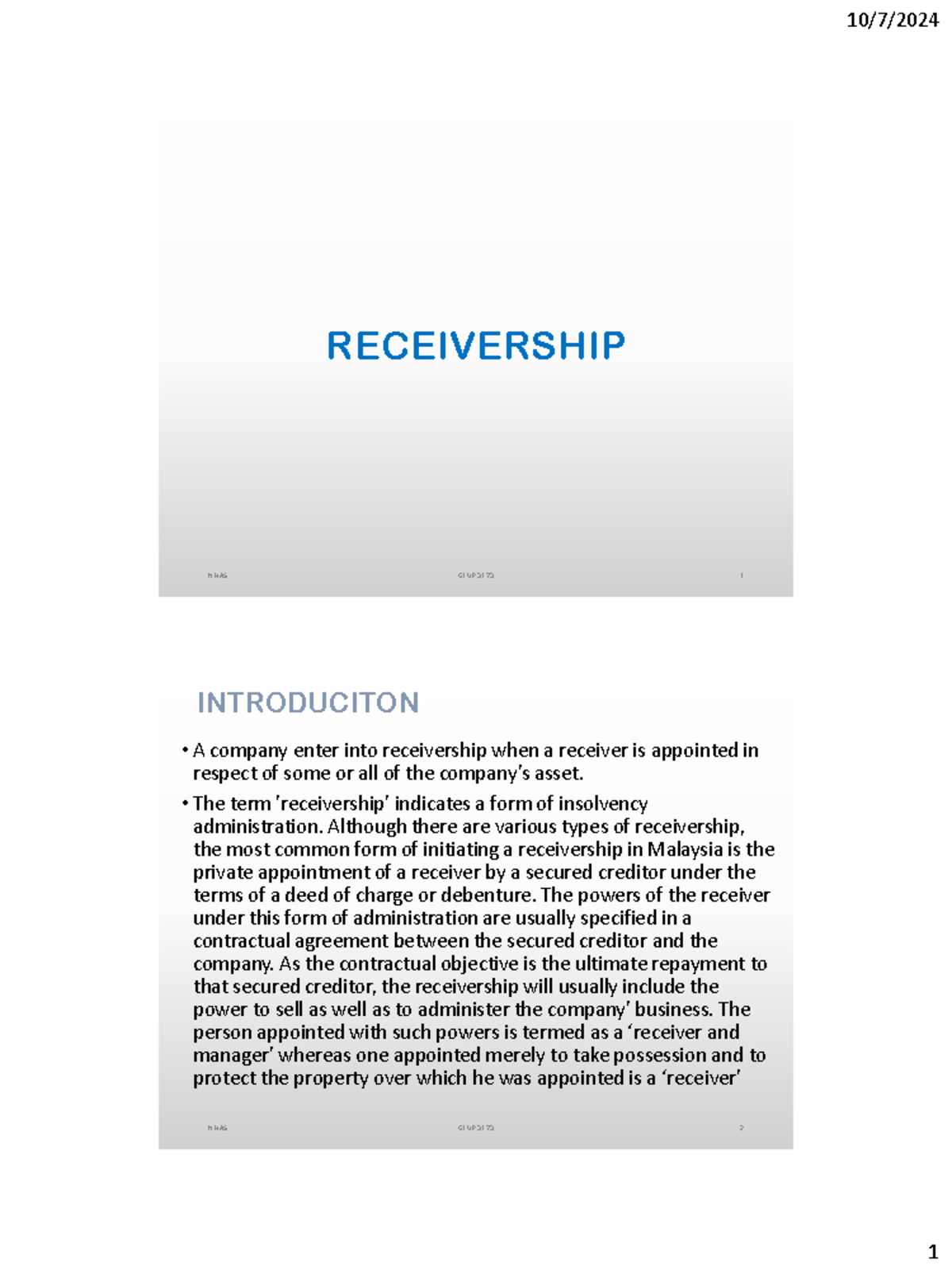 Receivership Overview - NHAS GLUP 3173 Final Exam Notes - Studocu