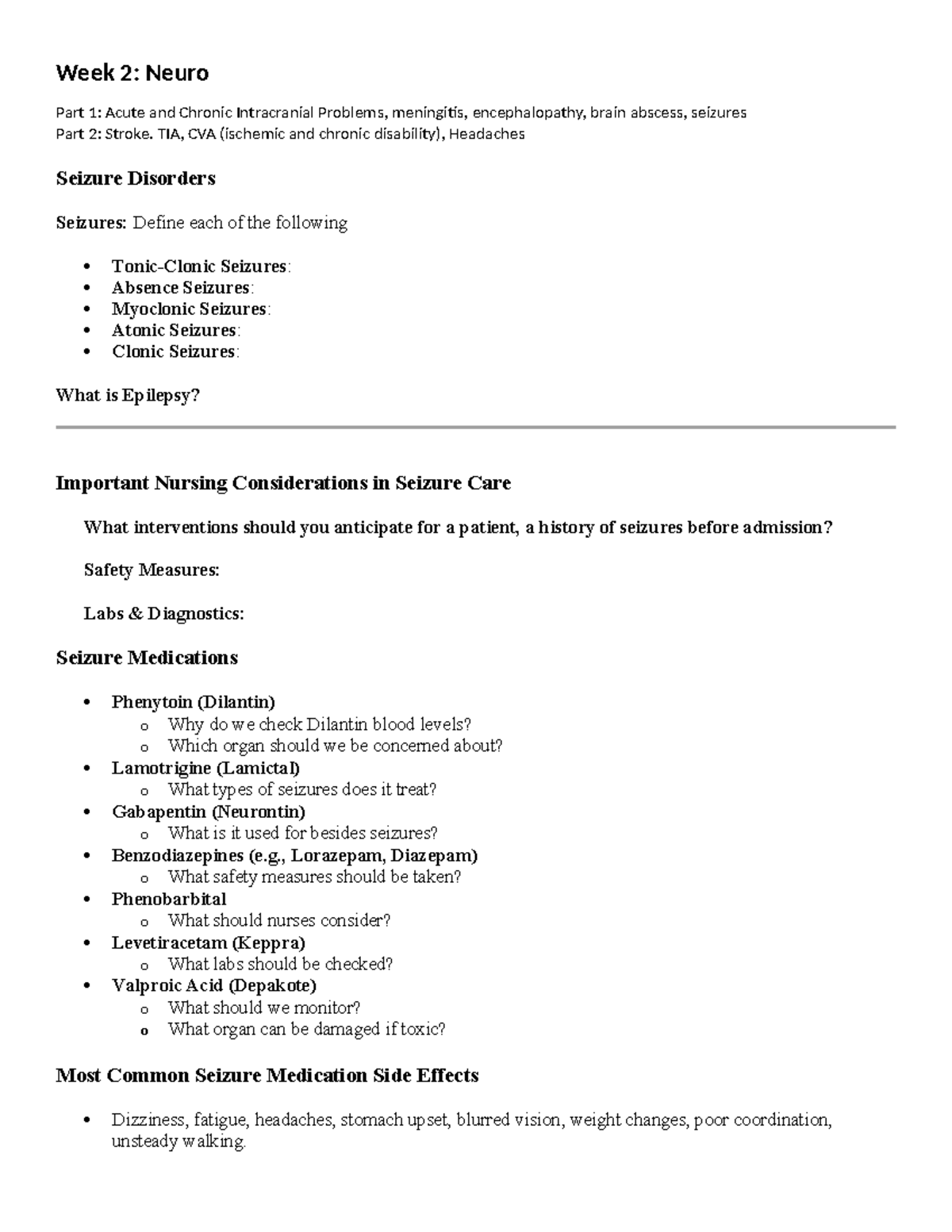 Week 2: Neuro Nursing Notes (NUR 101) on Seizures, Stroke, and ICP ...