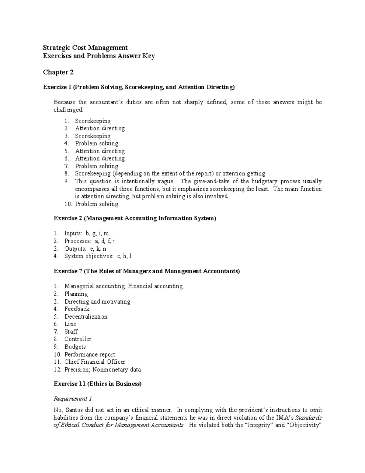 Strategic Cost Management Exercises & Answer Key (COST 101) - Studocu