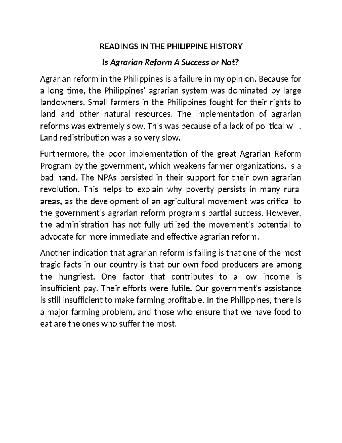 RPH- Position Paper: Evaluating Agrarian Reform in the Philippines ...