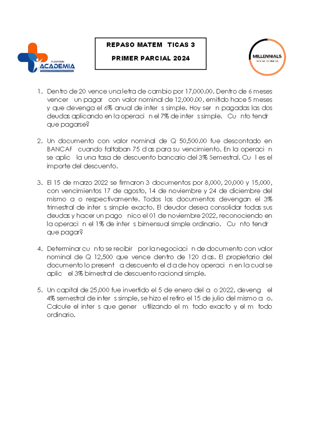 Repaso Matemáticas III - Primer Parcial 2024: Ejercicios y Soluciones ...