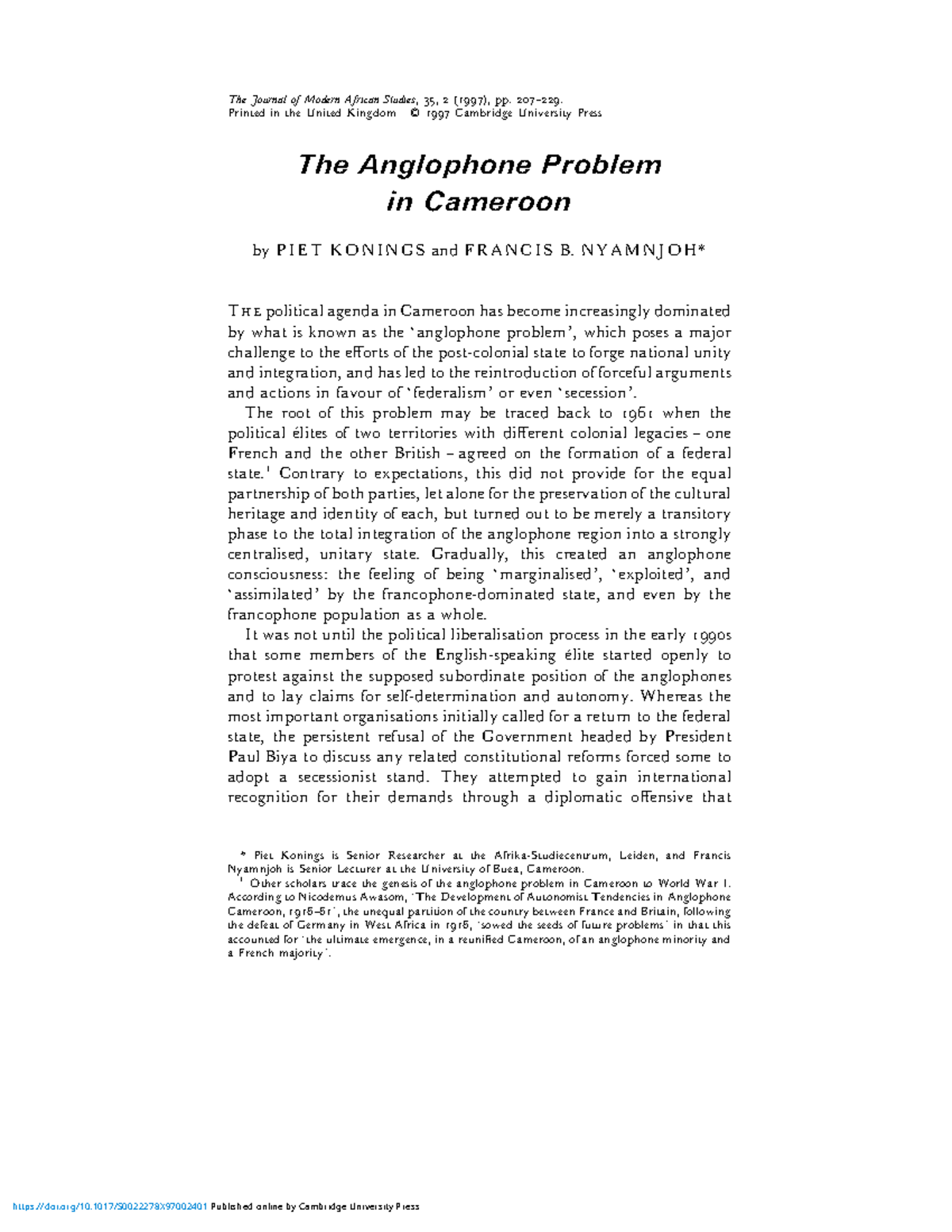Anglophone Problem in Cameroon: Historical Context and Current ...