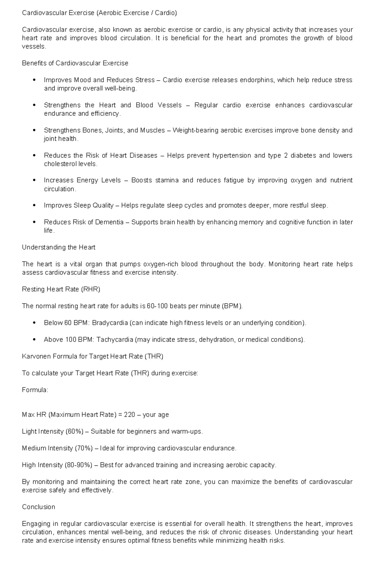 Karvonen Formula & Cardiovascular Exercise Overview Handout - Studocu