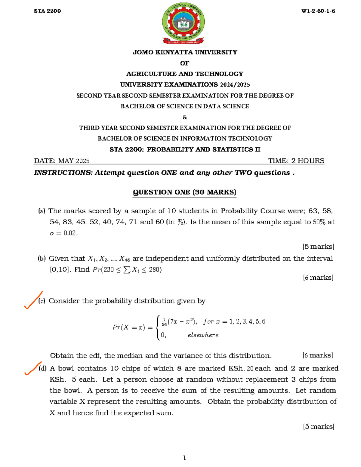 STA 2200: Probability and Statistics II Revision Paper - Studocu