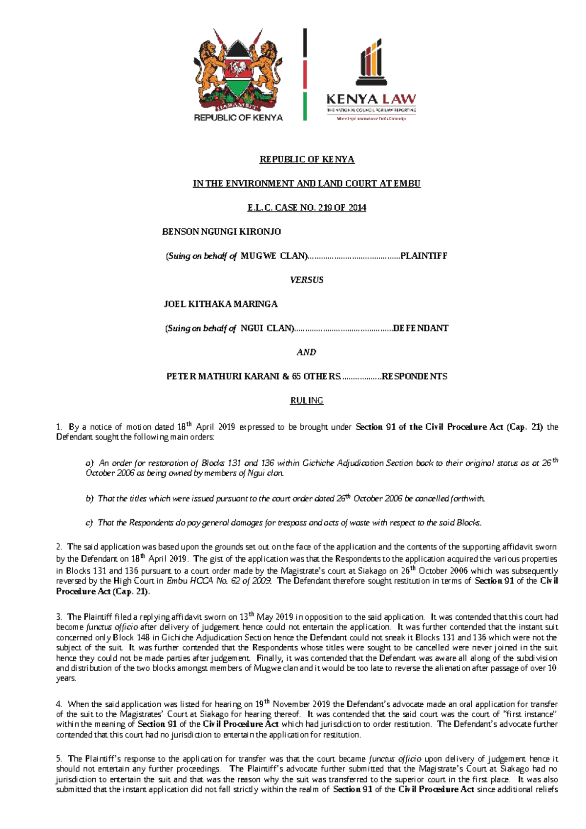 E.L.C. Case No. 219 of 2014: Ruling on Restitution Application - Studocu
