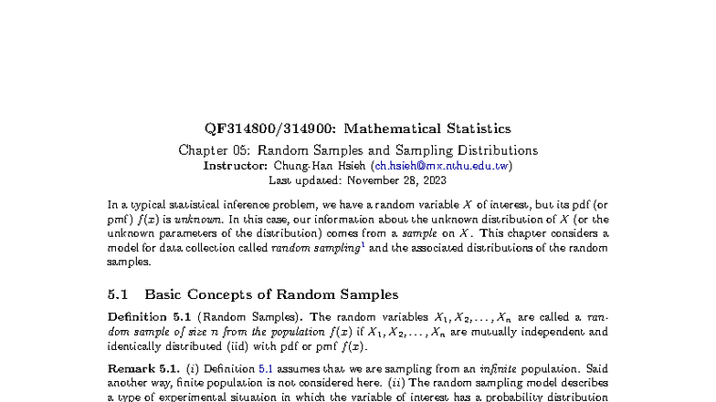 Chap 05: Random Samples & Sampling Distributions - Lecture Notes - Studocu