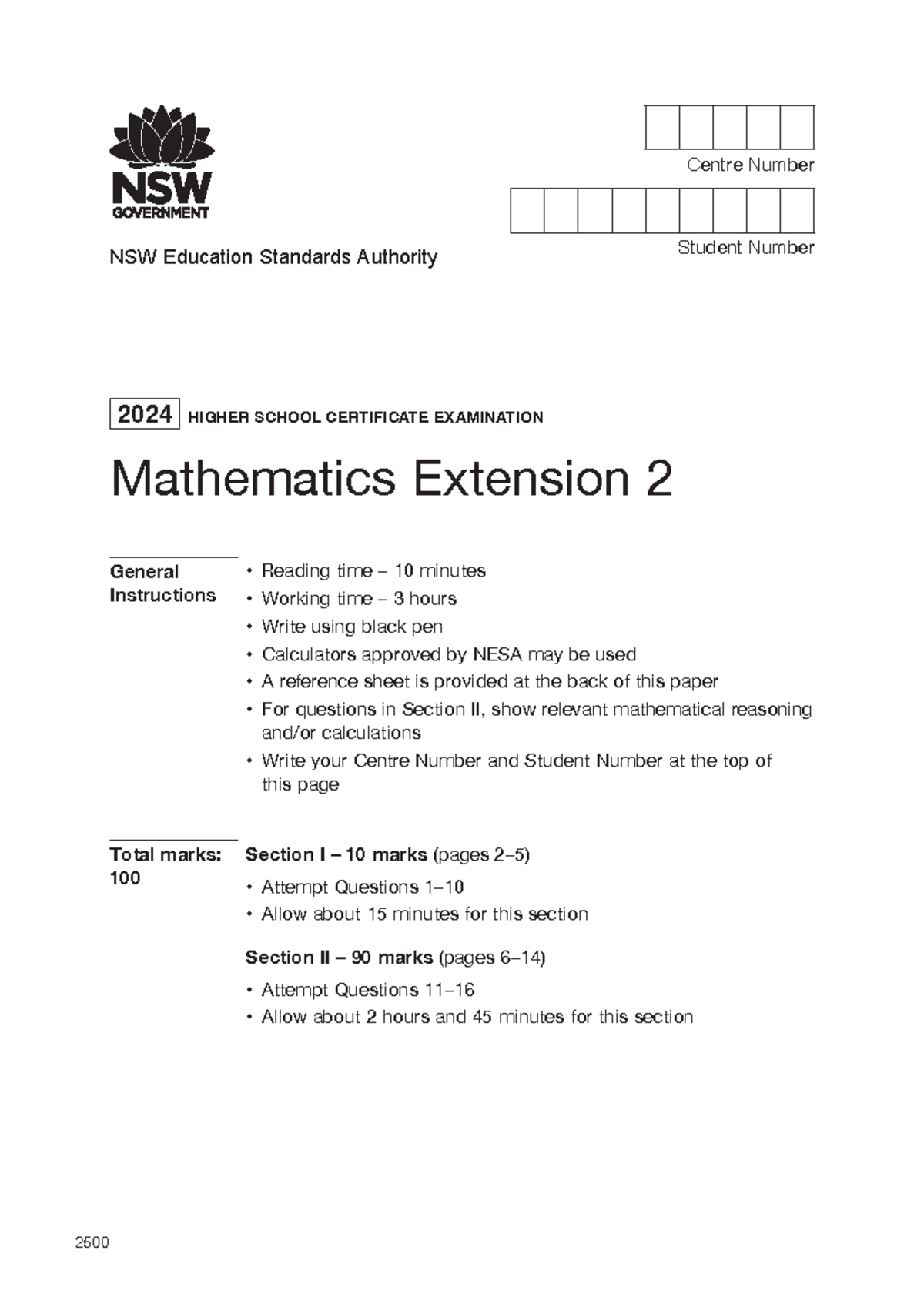 2024 hsc maths ext 2 - gfdsa - Centre Number Student Number 2500 NSW ...