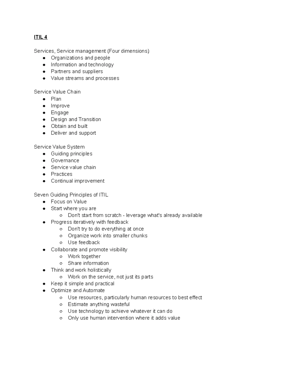 ITIL v4 Key Concepts: Service Management Cram Sheet - Studocu