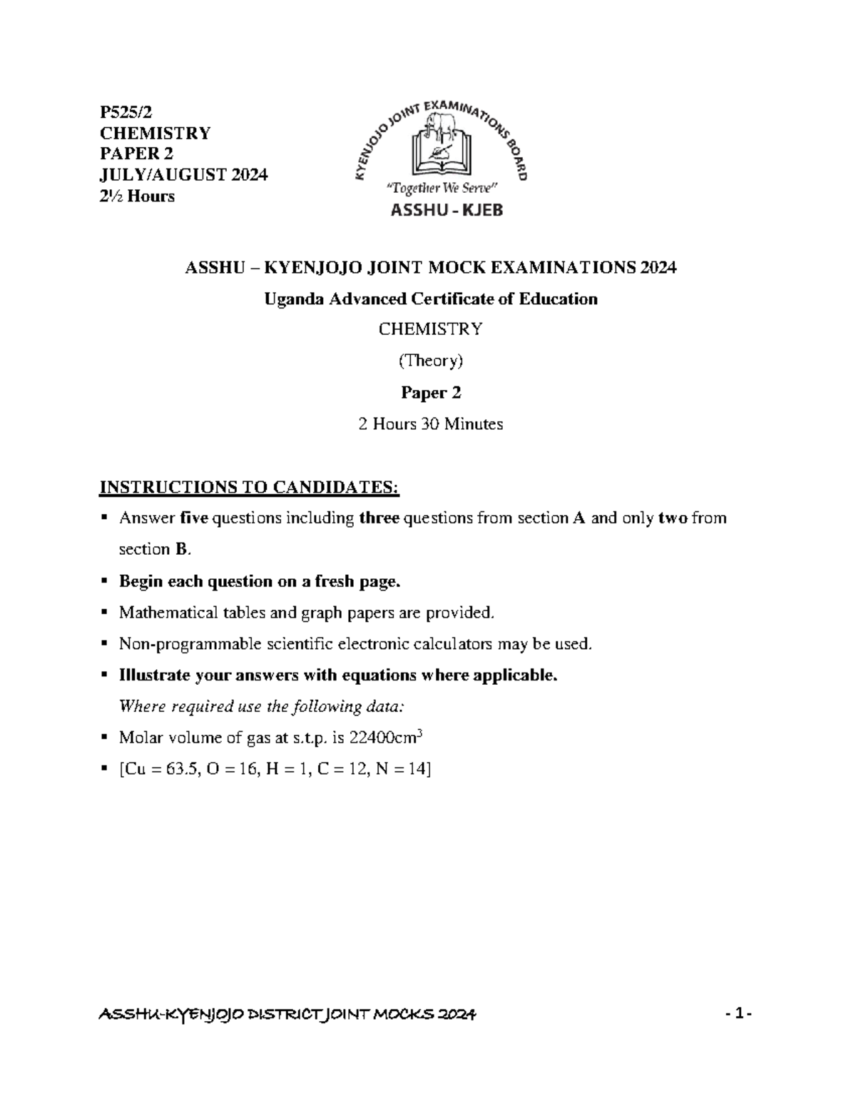 P525 Chemistry Paper 2 Mock Exam - July/August 2024 - Studocu