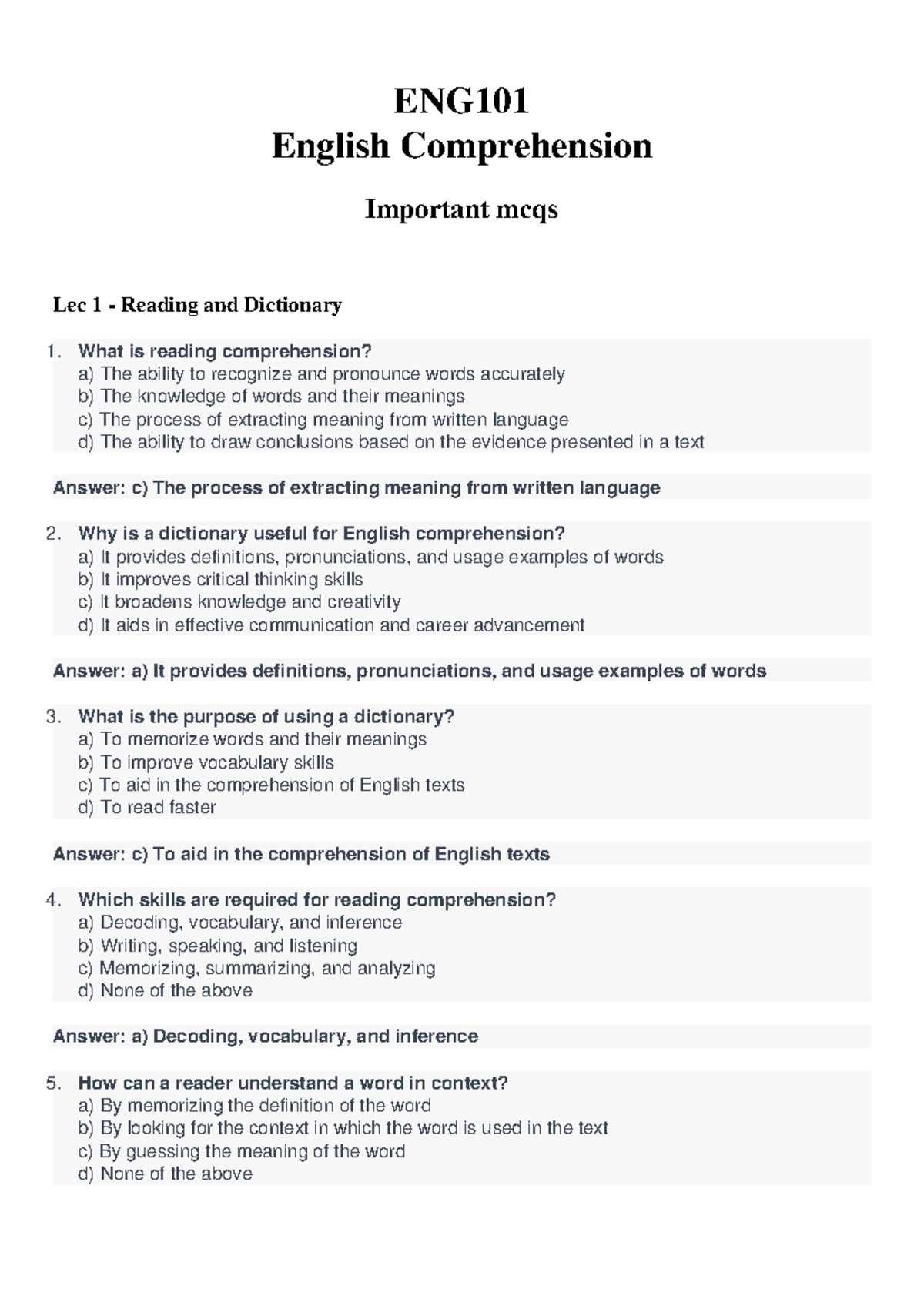 ENG101 Important MCQs for Midterm Exam Preparation: Lec 1-22 - Studocu
