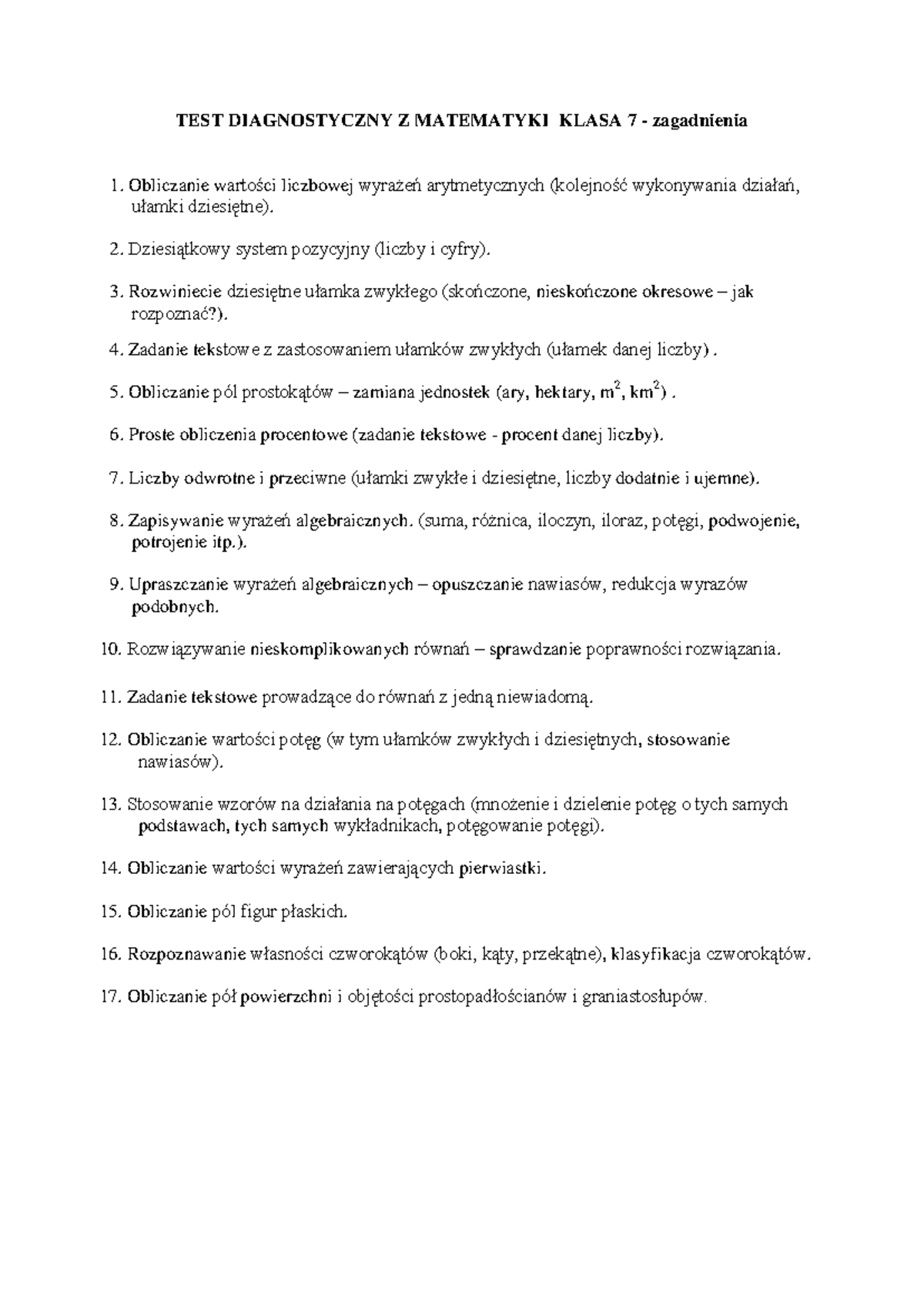 Test diagnostyczny z matematyki kl. 7 - zagadnienia i przykłady - Studocu