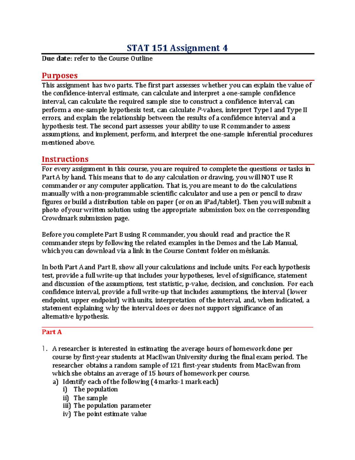 STAT 151 Fall 2023 Assignment 4: Confidence Intervals & Hypothesis ...