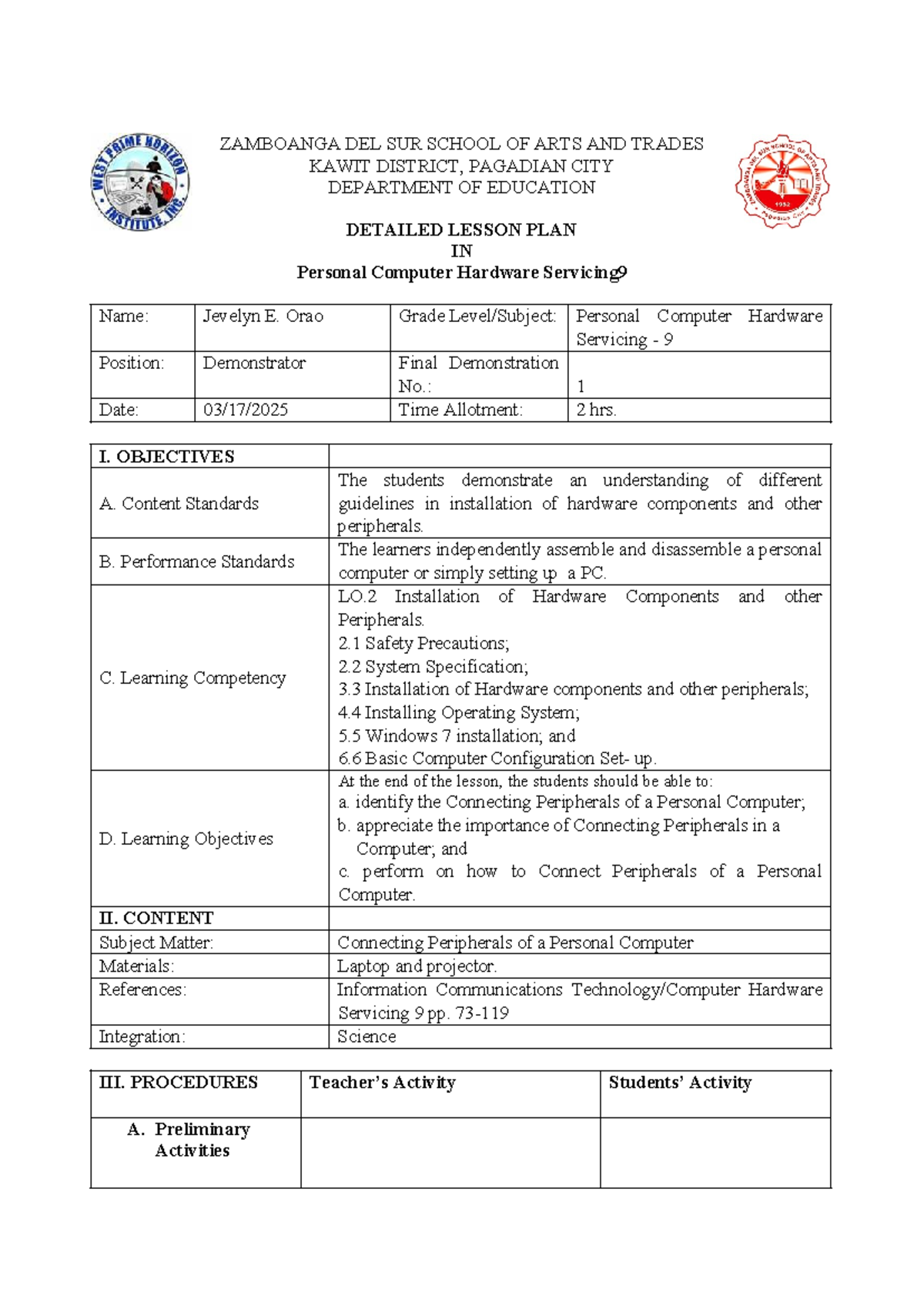 Detailed Lesson Plan in PC Hardware Servicing 9: Connecting Peripherals ...