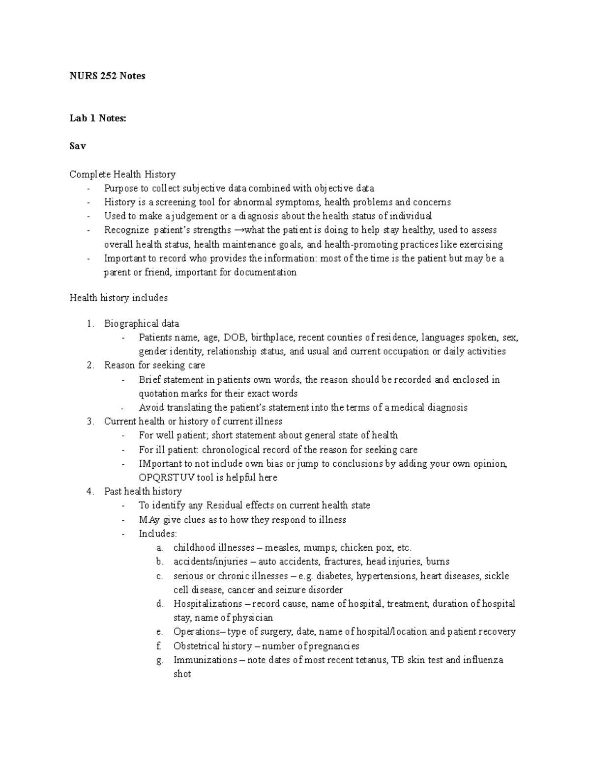 BN14 - NURS 252 Lab Notes - NURS 252 Notes Lab 1 Notes: Sav Complete ...