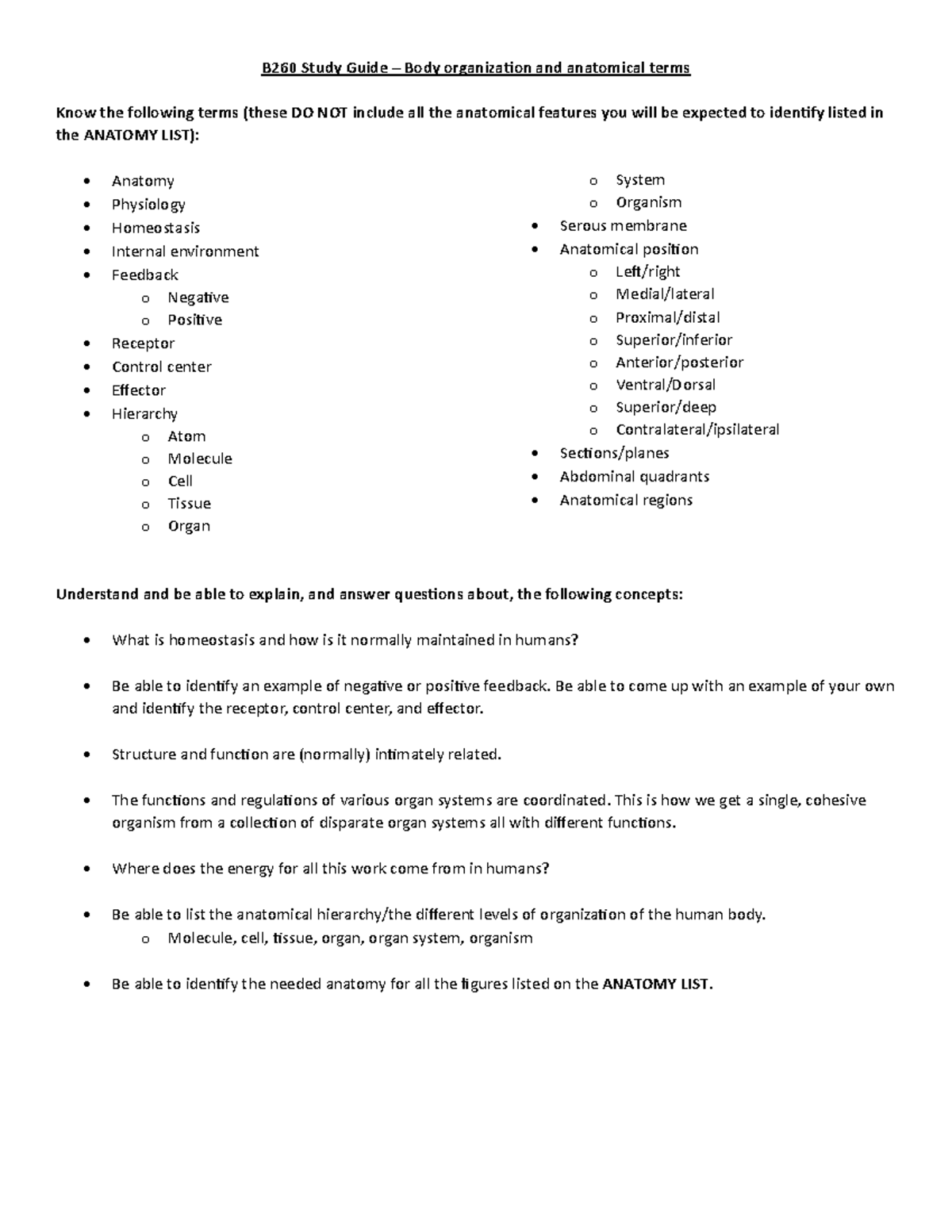 B260 Study Guide: Body Organization & Anatomical Terms Overview - Studocu