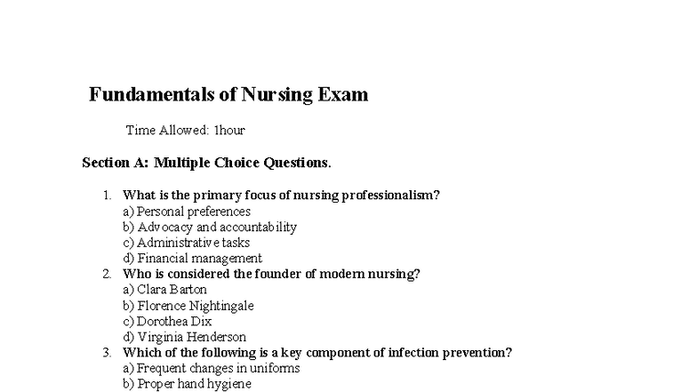 NUR 101: Fundamentals of Nursing Final Exam Review Questions - Studocu