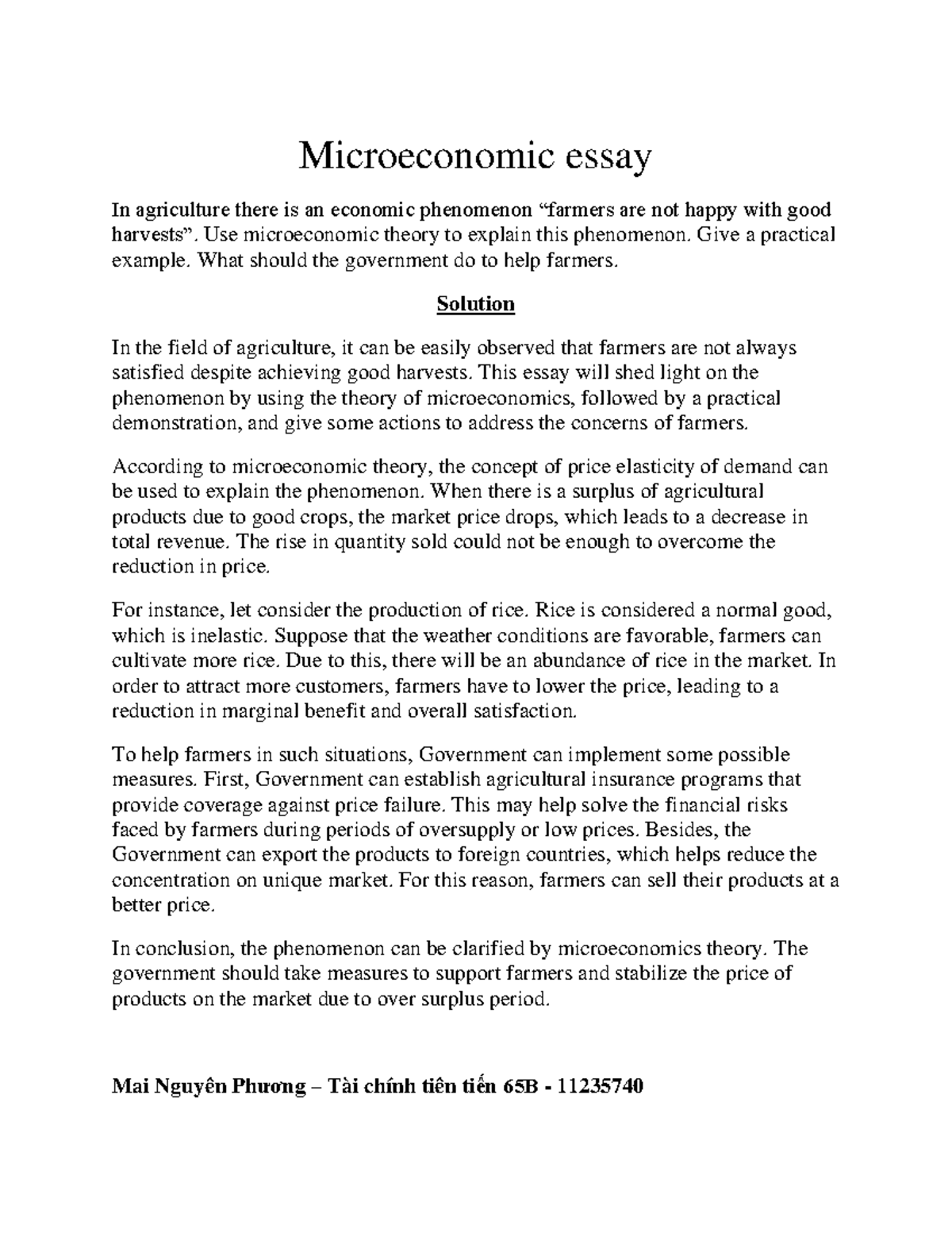 Microeconomic Essay: Farmers and Good Harvests (FIN 65B) - Studocu