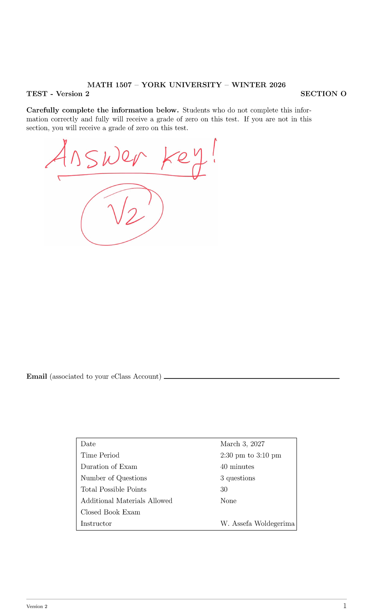 MATH 1507 Winter 2026 Test Version 2 Solutions and Notes - Studocu