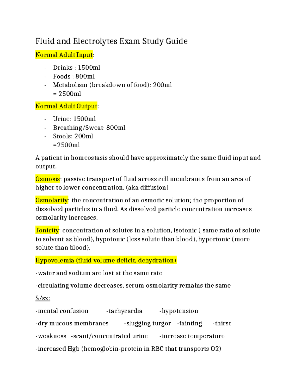 NUR 104 Fluid and Electrolytes Exam Study Guide for Nursing Students ...