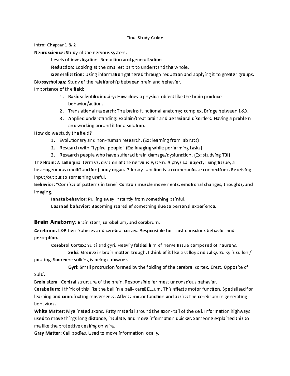 PSY 101 - Final Exam Study Guide: Neuroscience and Behavior Insights ...