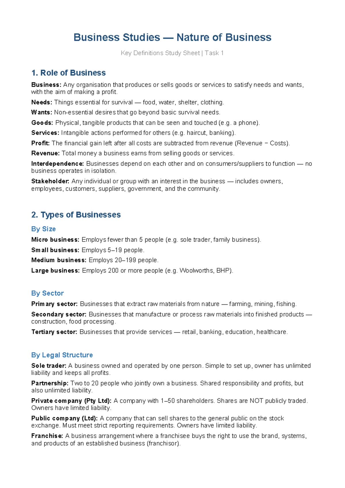Business Studies (BS101) Nature of Business Key Definitions Study Sheet ...
