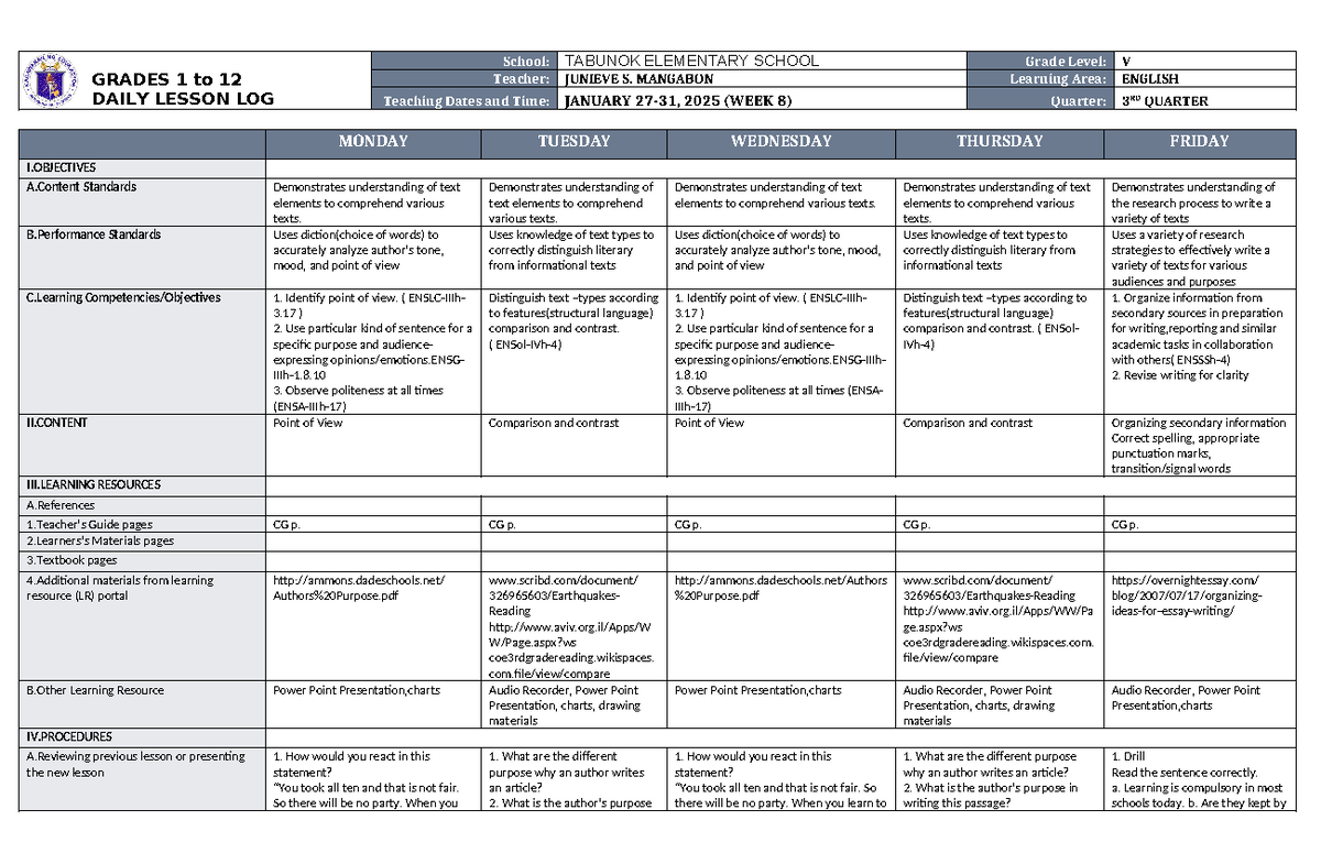DLL English 5 Q3 W8 - NONE - GRADES 1 to 12 DAILY LESSON LOG School ...