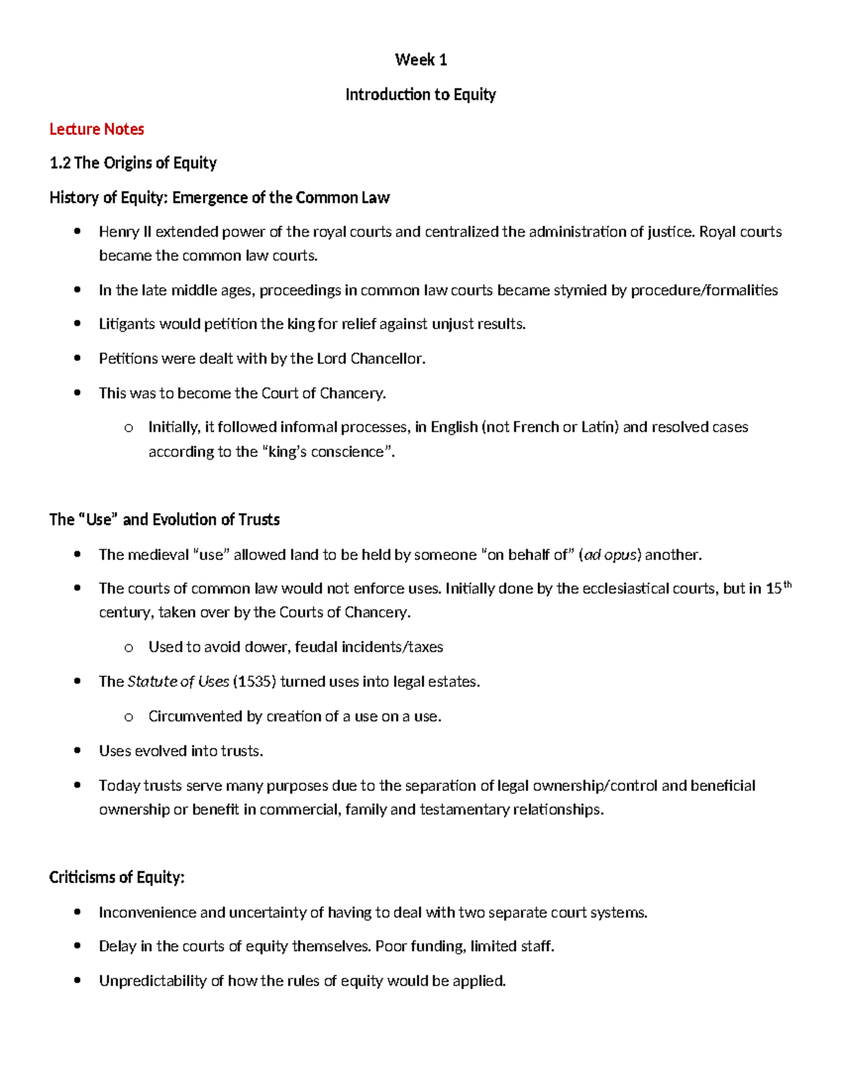 Week 1 Lecture Notes: The Origins and Principles of Equity - Studocu