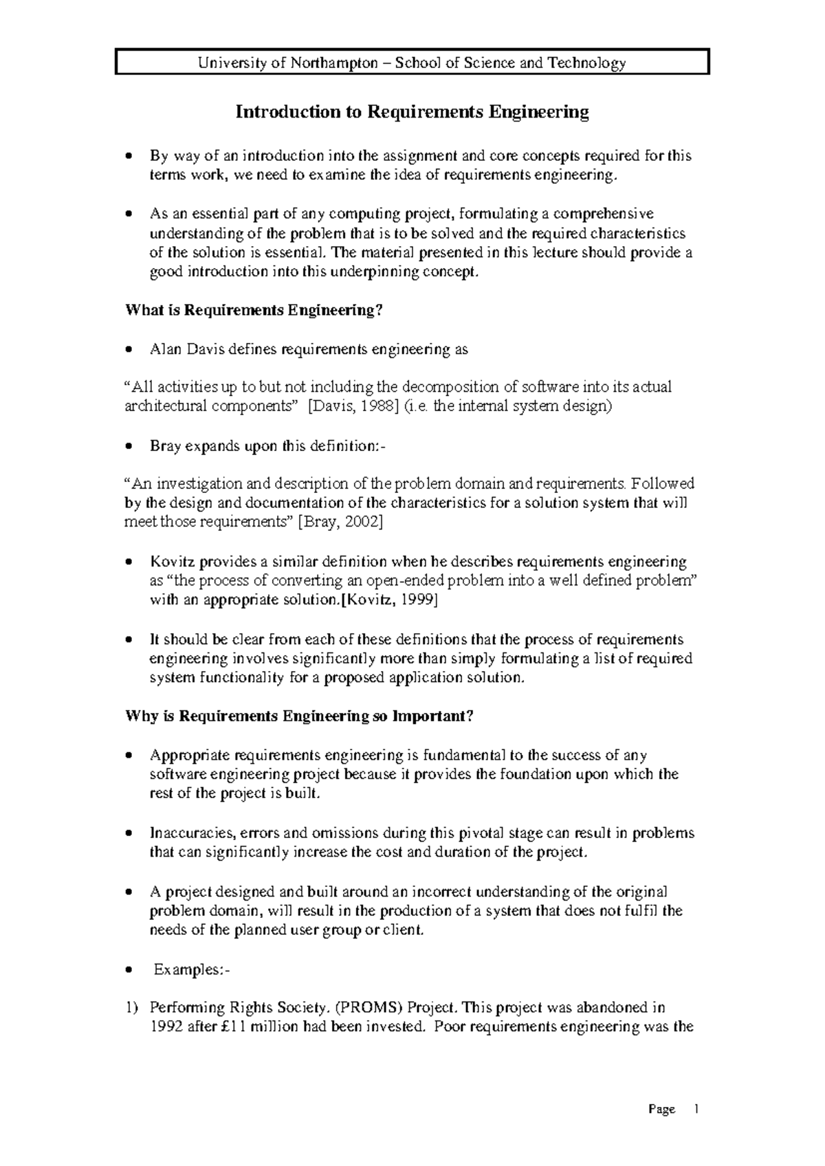 Introduction to Requirements Engineering (COMP101 - Lecture Notes ...