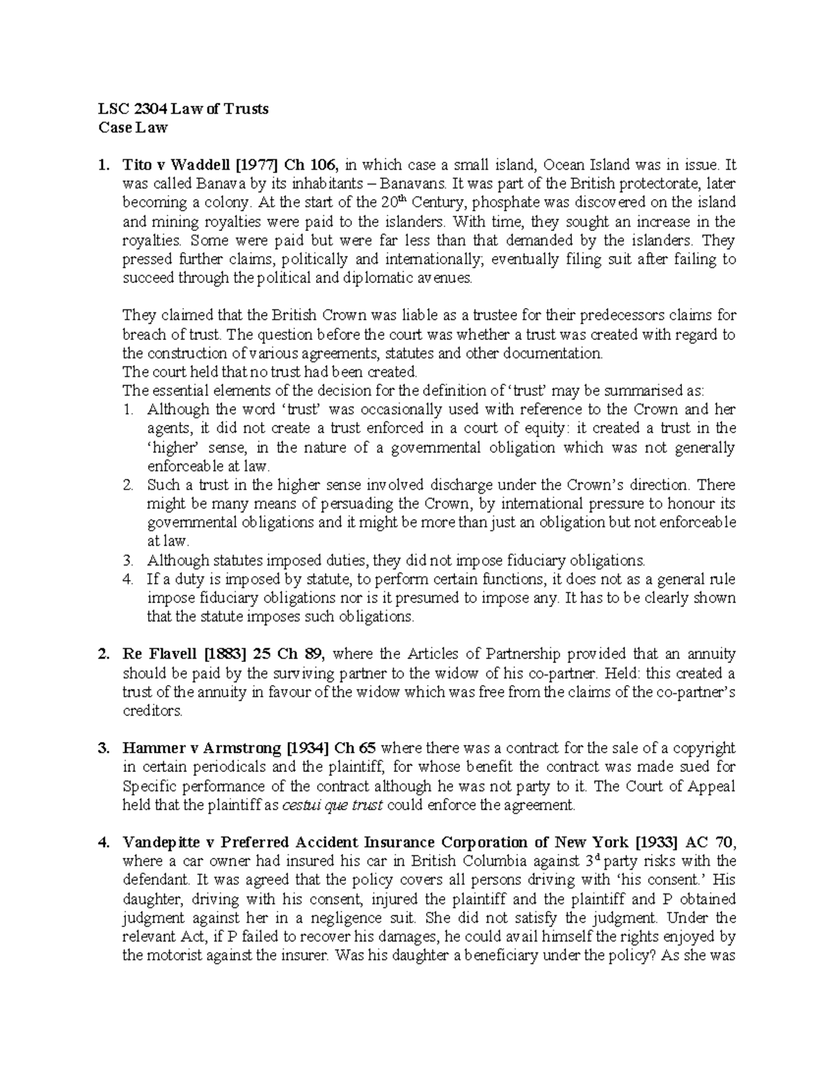 LSC 2304 Final Exam Notes on Law of Trusts Case Law Analysis - Studocu