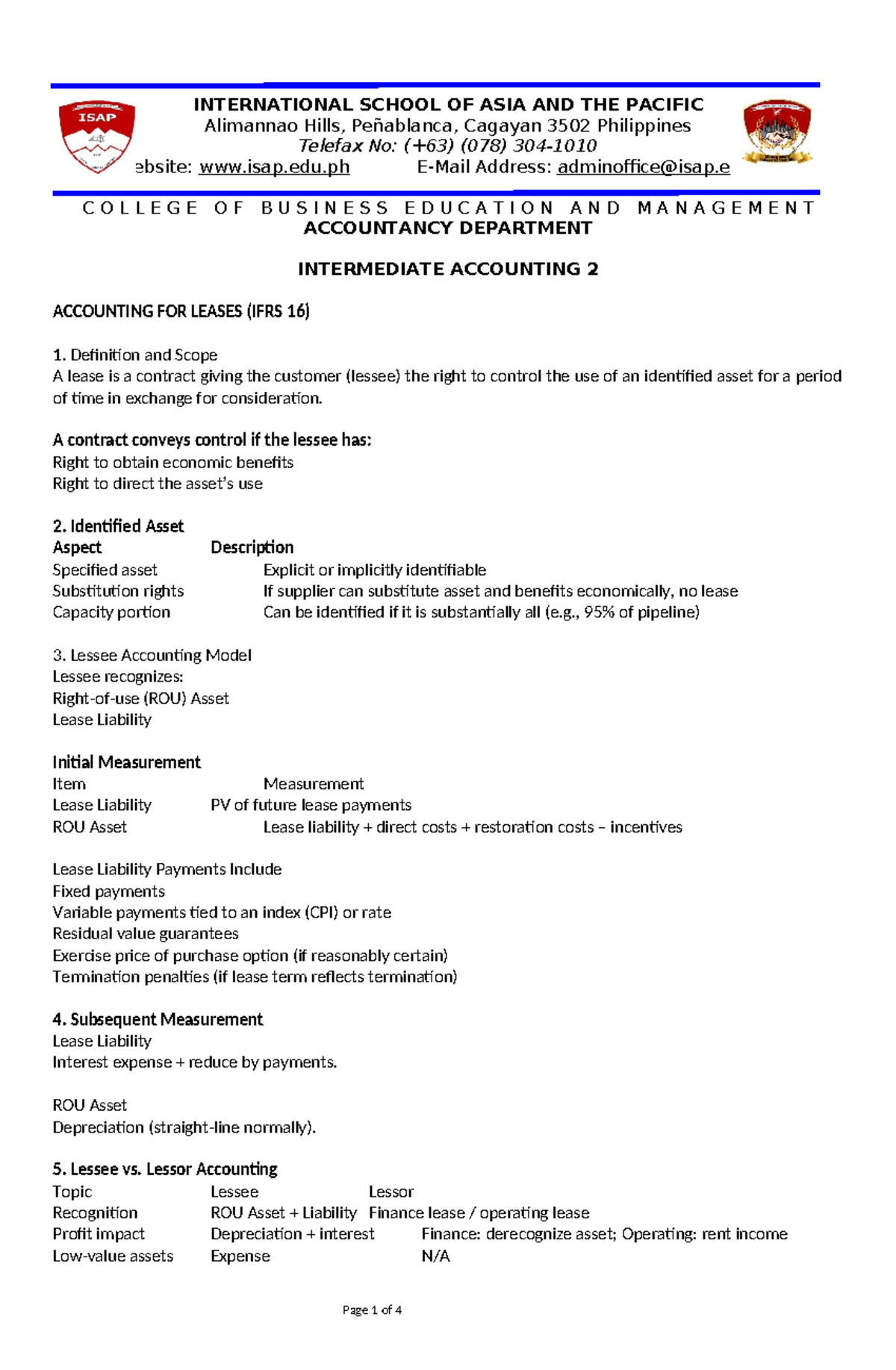 IA2 - Final Exam Notes on Accounting for Leases and Income Tax - Studocu