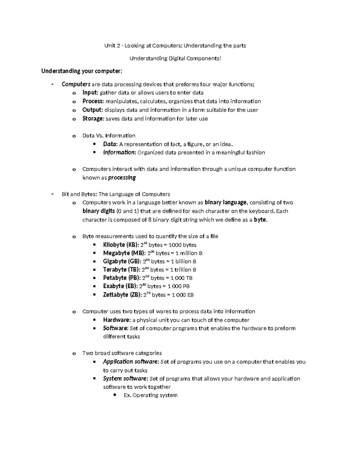 Unit 2 - Comprehensive Guide to Computer Parts and Functions - Studocu
