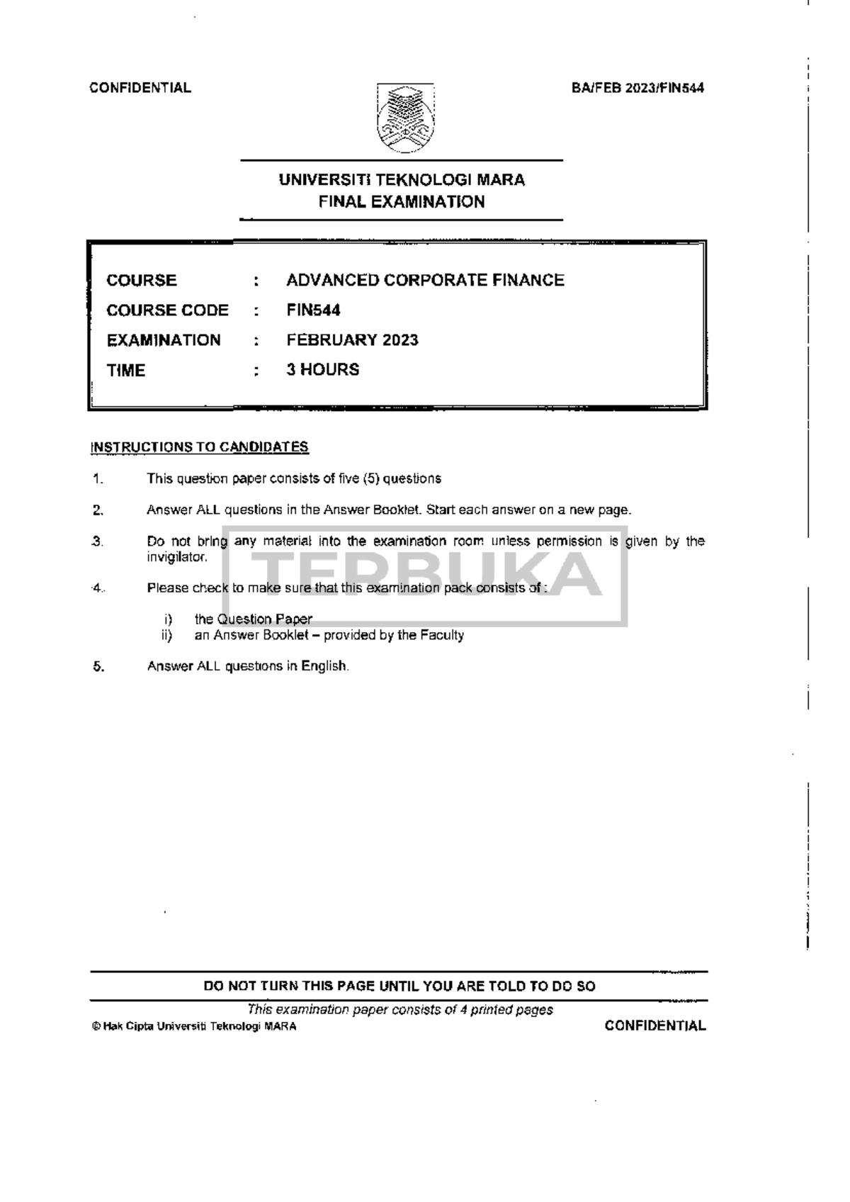 FIN544 Advanced Corporate Finance Final Exam Paper - February 2023 ...