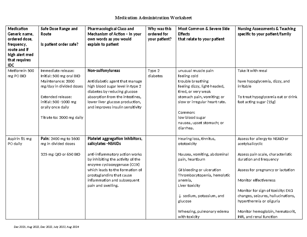 Medication Worksheet 2024 - Medication Administration Worksheet ...