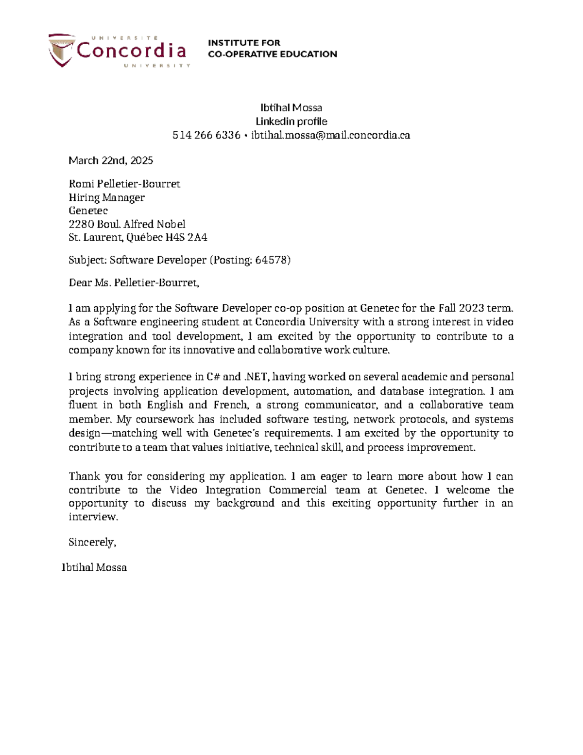 Cover Letter for Software Developer Position - Fall 2023 Application ...