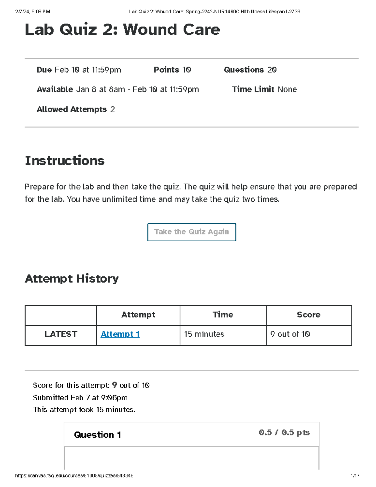 Lab Quiz 2 Wound Care Spring-2242-NUR1460C Hlth Illness Lifespan I-2739 ...